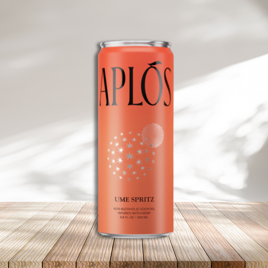 Aplos Ume Spritz orange can on wooden platform against white background