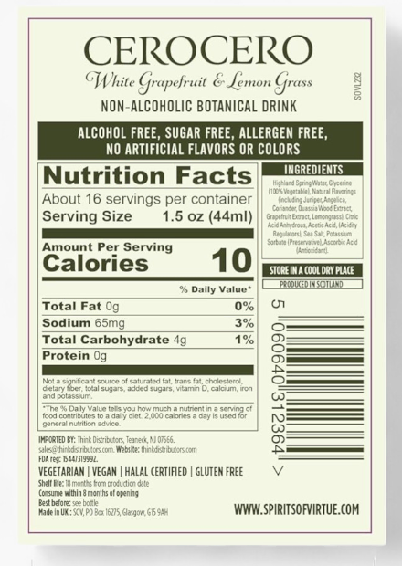 Nutritional Facts for Cerocero White Grapefruit & Lemongrass