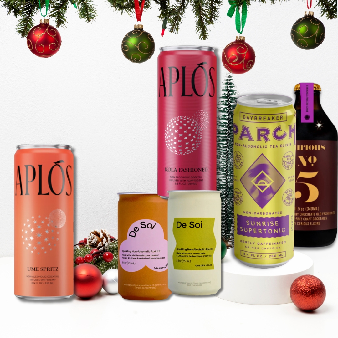 Aplos Ume Spritz and Kola Fashioned, Curious No 5, De Soi Champagne Dreams and Golden Hour, Parch Daybreak against a white background with scattered red and green ornaments an some greens.