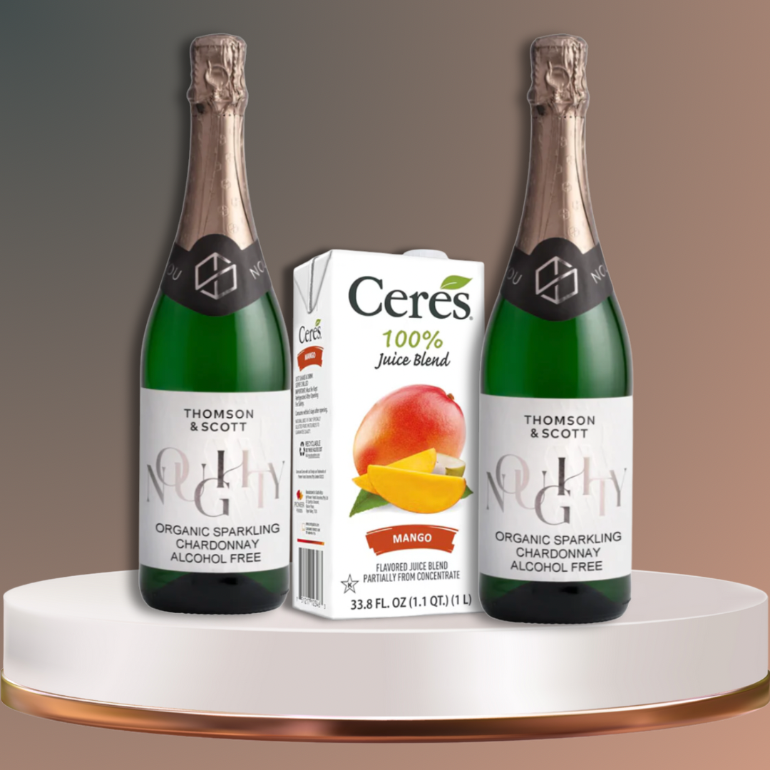 2 bottles of Noughty Sparkling Chardonnay and box of Ceres Mango Juice